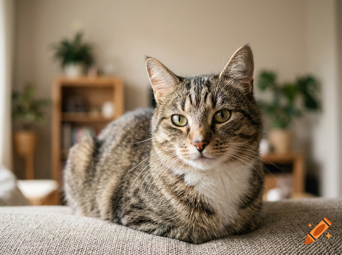 Photorealistic close-up of a tabby cat resting on a couch indoors.