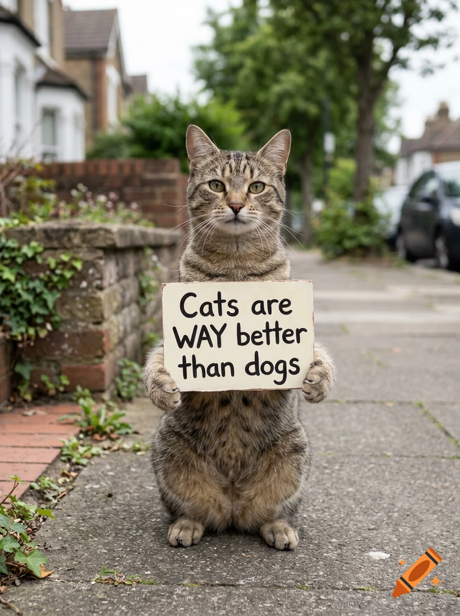 A photorealistic tabby cat sitting on a sidewalk holding a wooden sign that reads Cats are WAY better than dogs.