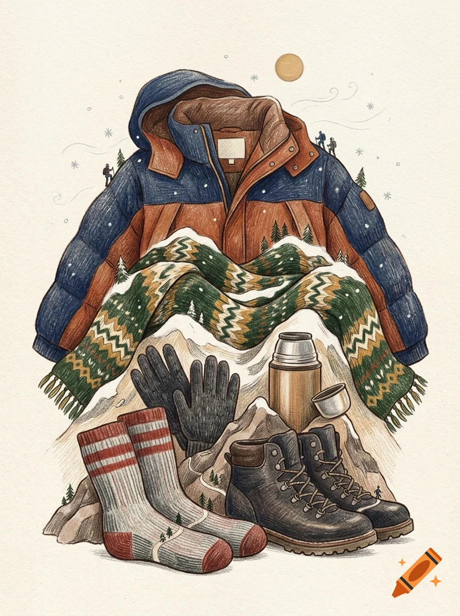 An illustrated composition of winter gear including a puffy jacket, patterned scarf, gloves, boots, socks, and a thermos arranged creatively over mountains.