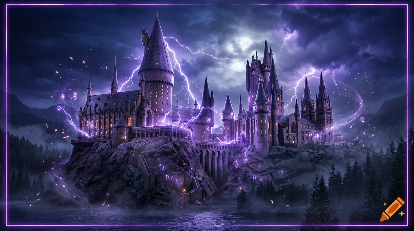 Digital illustration of Hogwarts castle at night with purple magical lightning and a full moon.