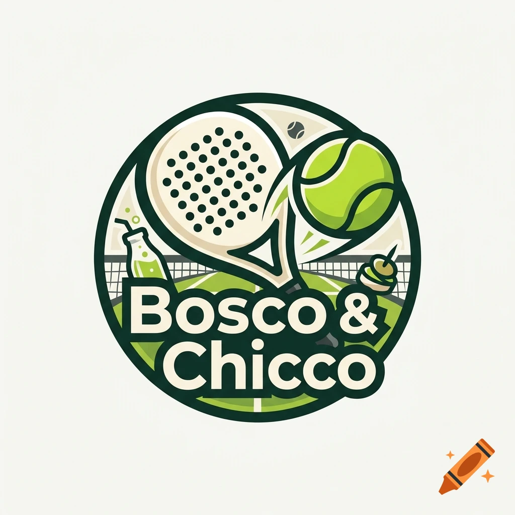 Round logo design for Bosco & Chicco featuring a padel racket, tennis ball, and court elements.