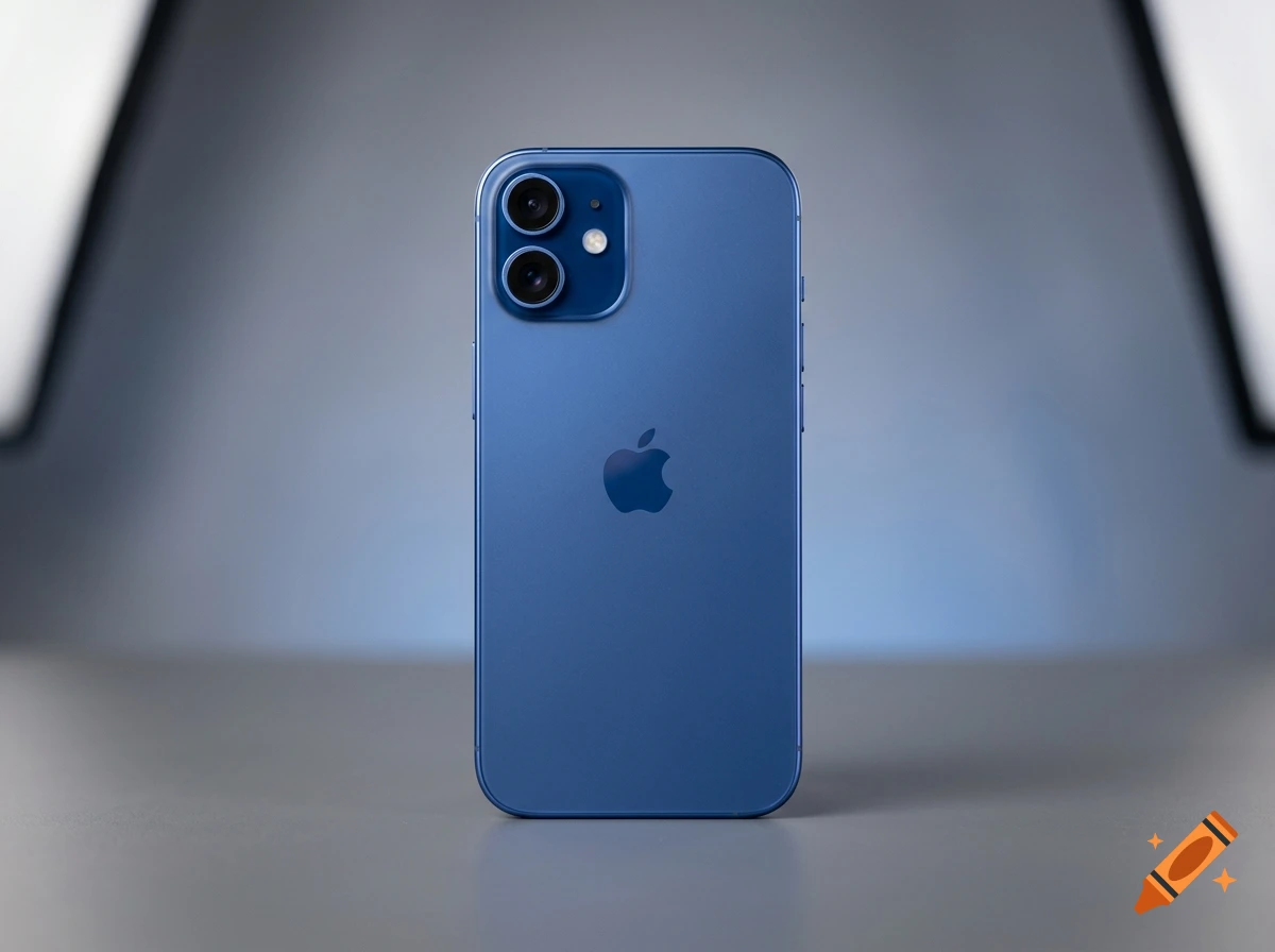 Photorealistic product shot of a blue smartphone standing upright on a grey surface against a soft-focus background.