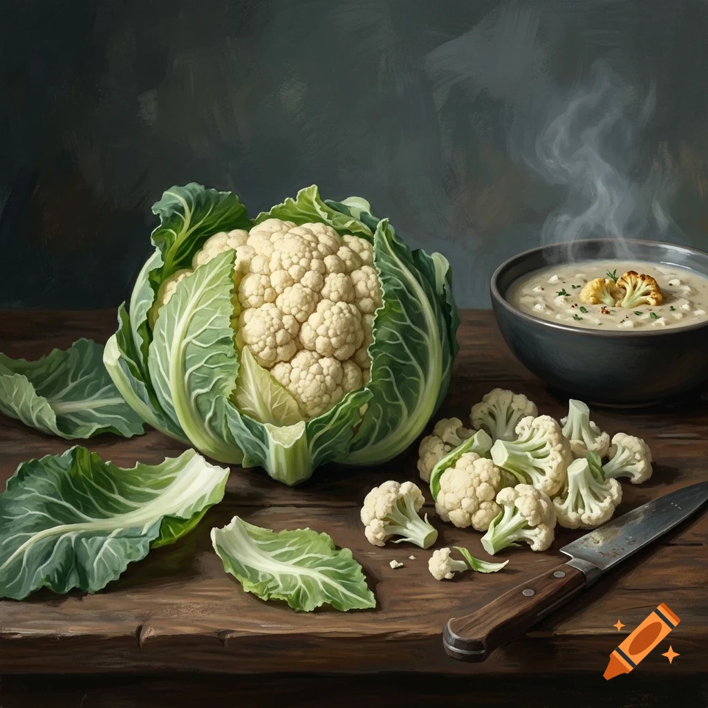 An oil painting of a fresh head of cauliflower, loose florets and leaves, a bowl of steaming soup, and a knife on a wooden table.