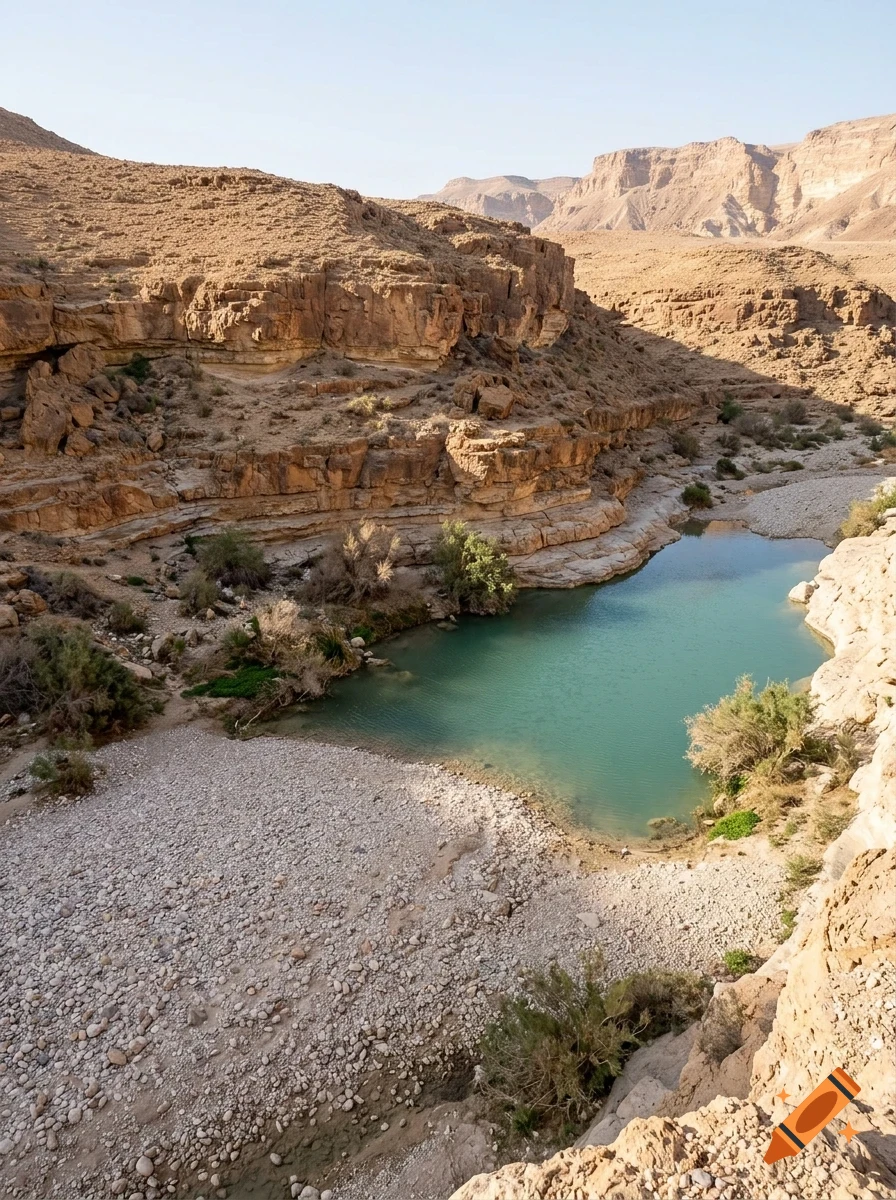 A tranquil desert oasis featuring a pool of clear blue-green water surrounded by rocky canyons and arid terrain.