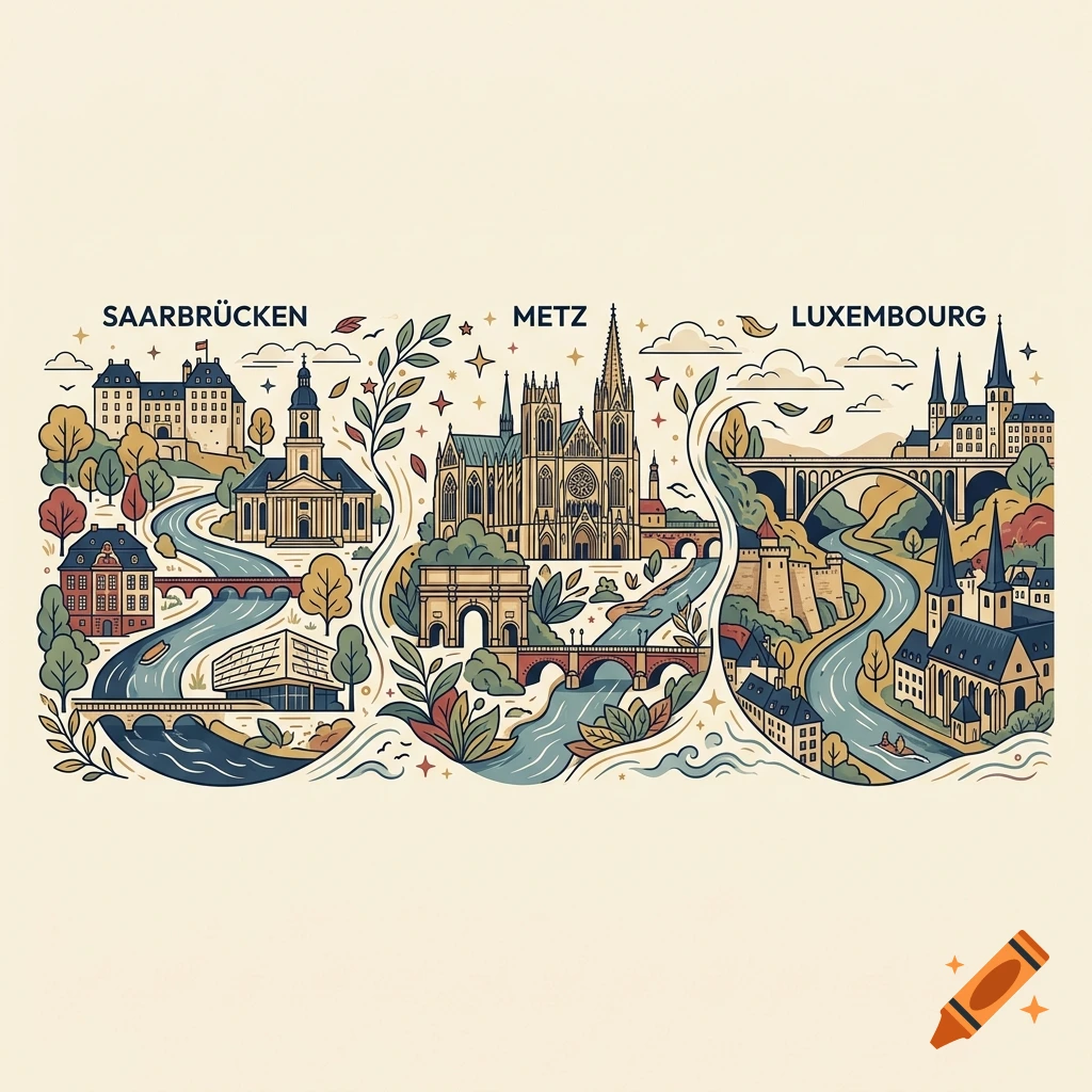 Vector style illustration featuring landmarks from Saarbrücken, Metz, and Luxembourg connected by a winding river on a cream background.