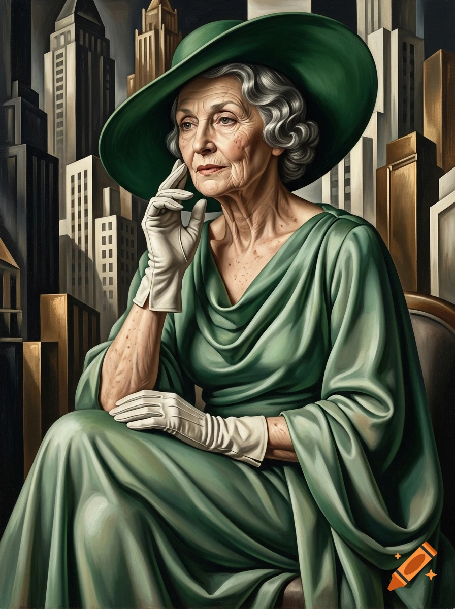 Art deco style portrait of an elderly woman in a green dress and hat against a cityscape backdrop.