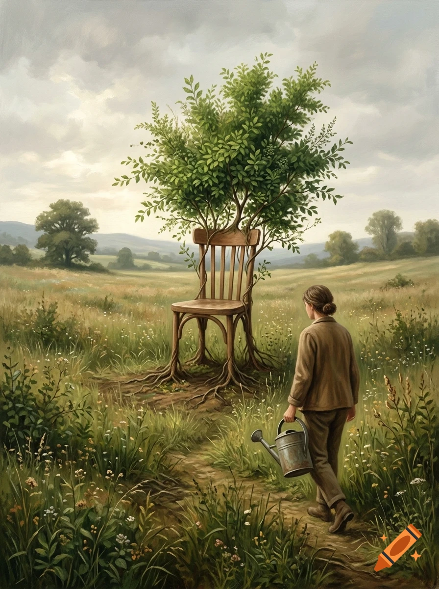 A person walks on a path in a field toward a wooden chair that has grown into a leafy tree with roots in the grass.