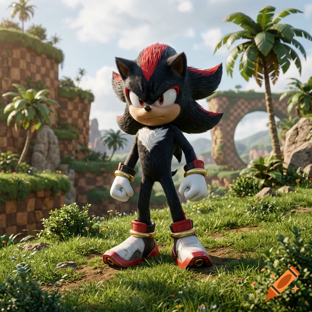Photorealistic rendering of Shadow the Hedgehog standing in the Green Hill Zone.
