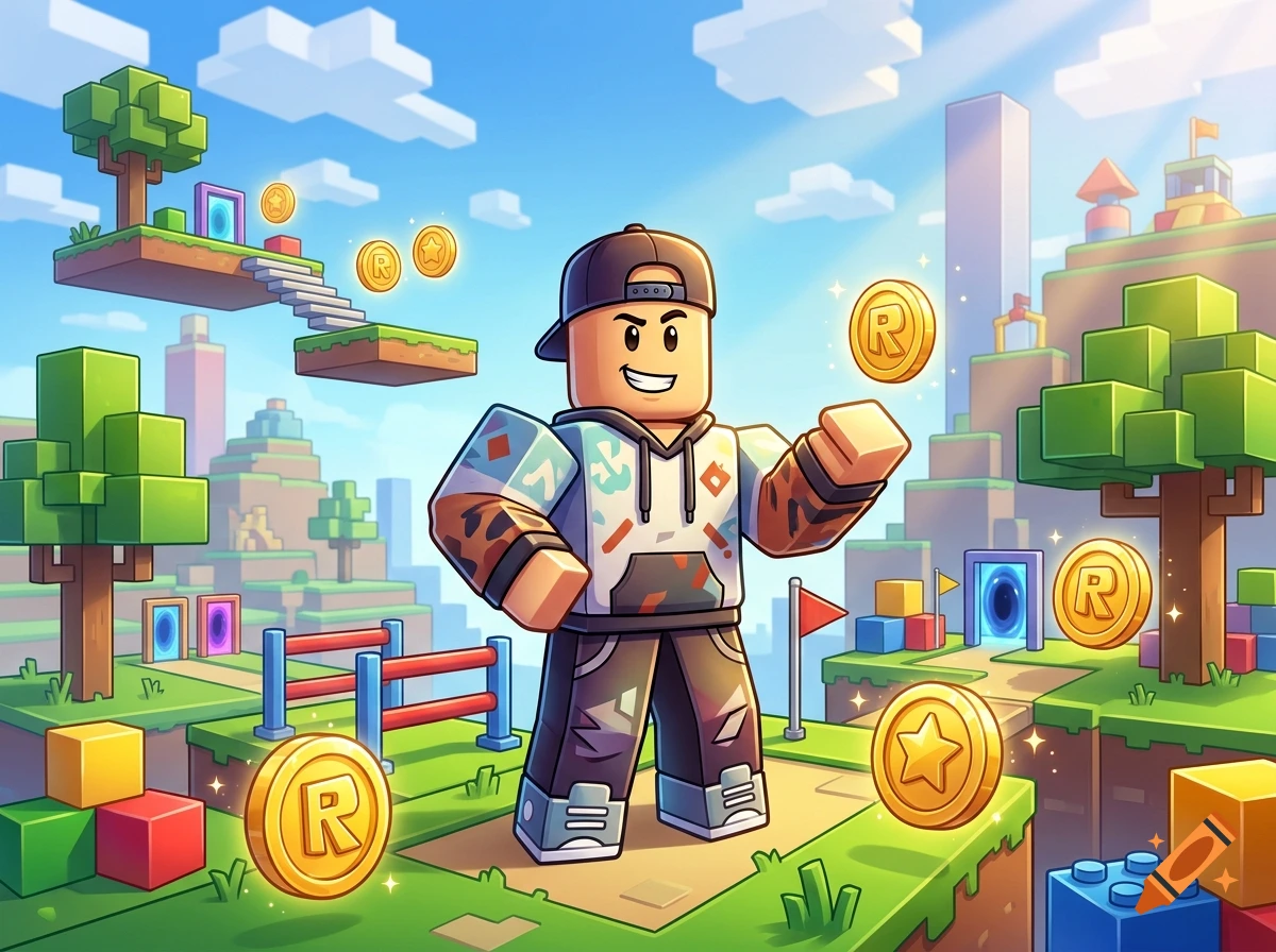 Colorful 3D cartoon style illustration of a Roblox character standing in a game world with floating platforms, coins, and blocks.