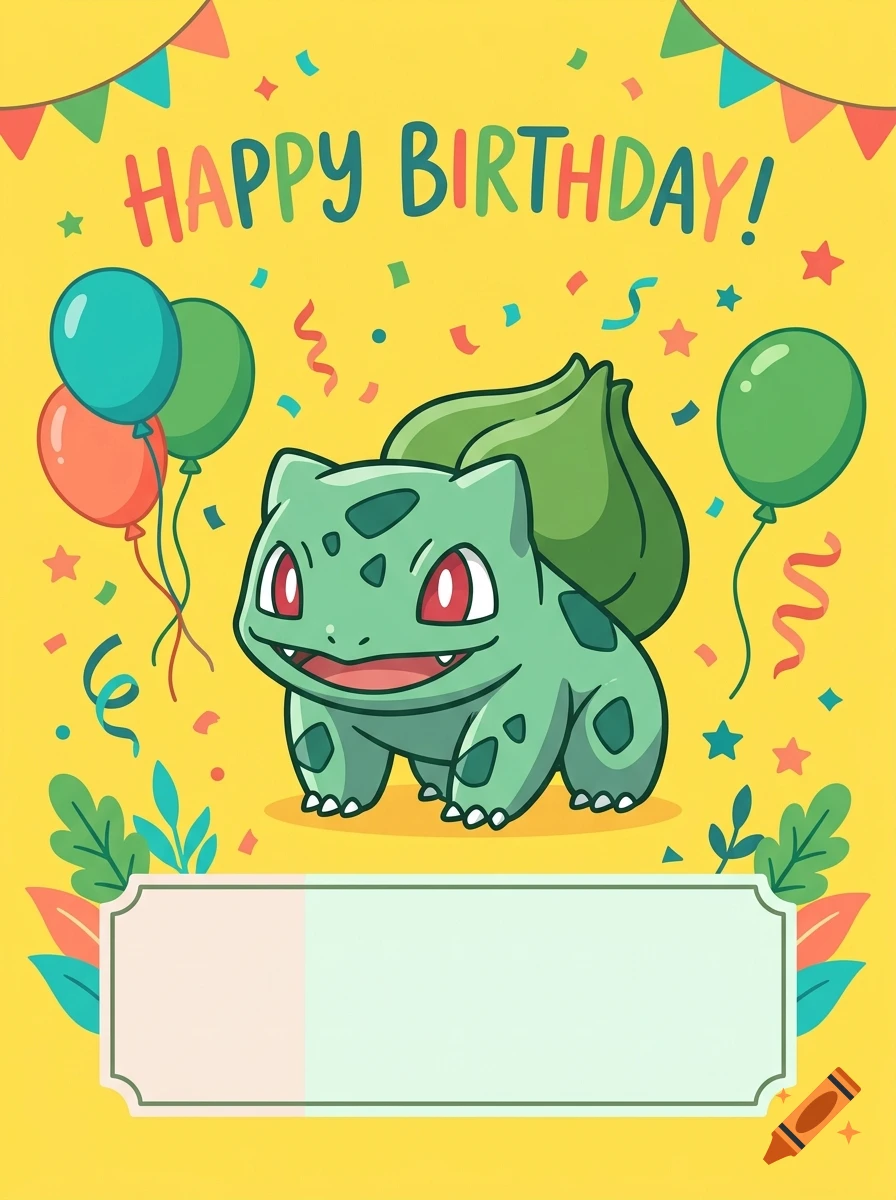 Birthday card featuring Bulbasaur surrounded by balloons and confetti with the text Happy Birthday, yellow background, anime style.