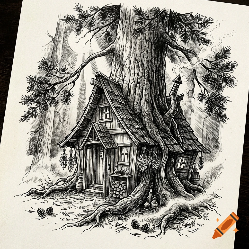 Pen and ink drawing of a witch's hut built into the base of a massive pine tree.