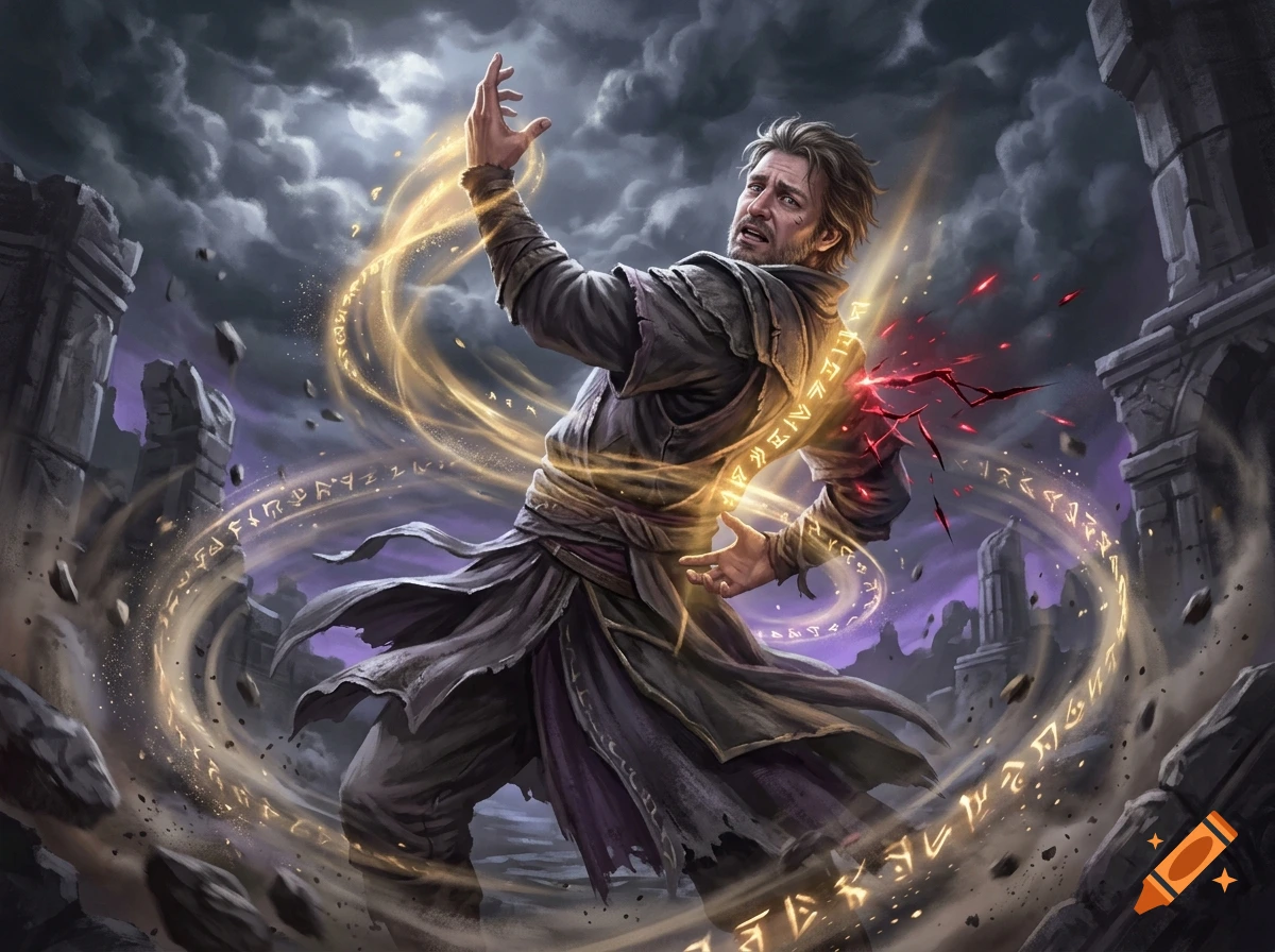 A fantasy man in dark robes twisting backward with magical golden runic energy swirling around him amid crumbling ruins.