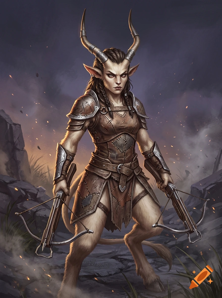 Digital painting of a fantasy tiefling warrior with cream fur, antelope horns, leather armor, and twin crossbows.