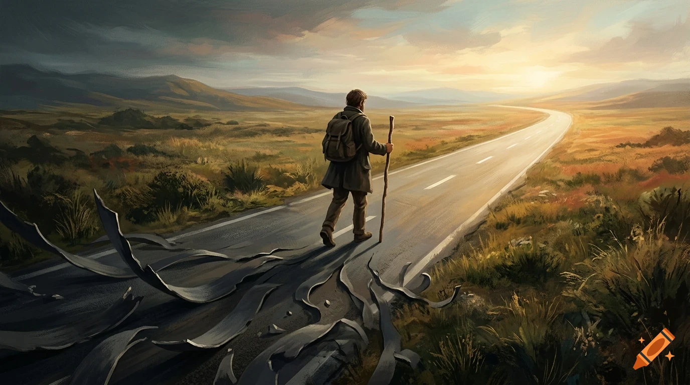 A traveler with a backpack and walking stick walks down a winding road, with the asphalt peeling away behind them into a landscape under a cloudy sky.