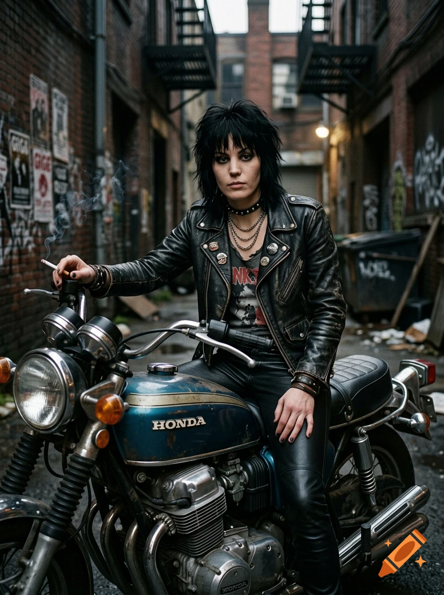 Photorealistic portrait of a young rock star with black hair, leather jacket, and pants, sitting on a blue Honda motorcycle in an alley.