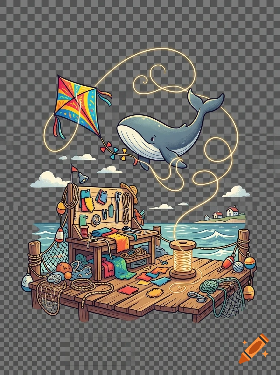 An illustrated coastal scene on a wooden dock with a workbench, a colorful kite, and a whale floating in the air with glowing string.