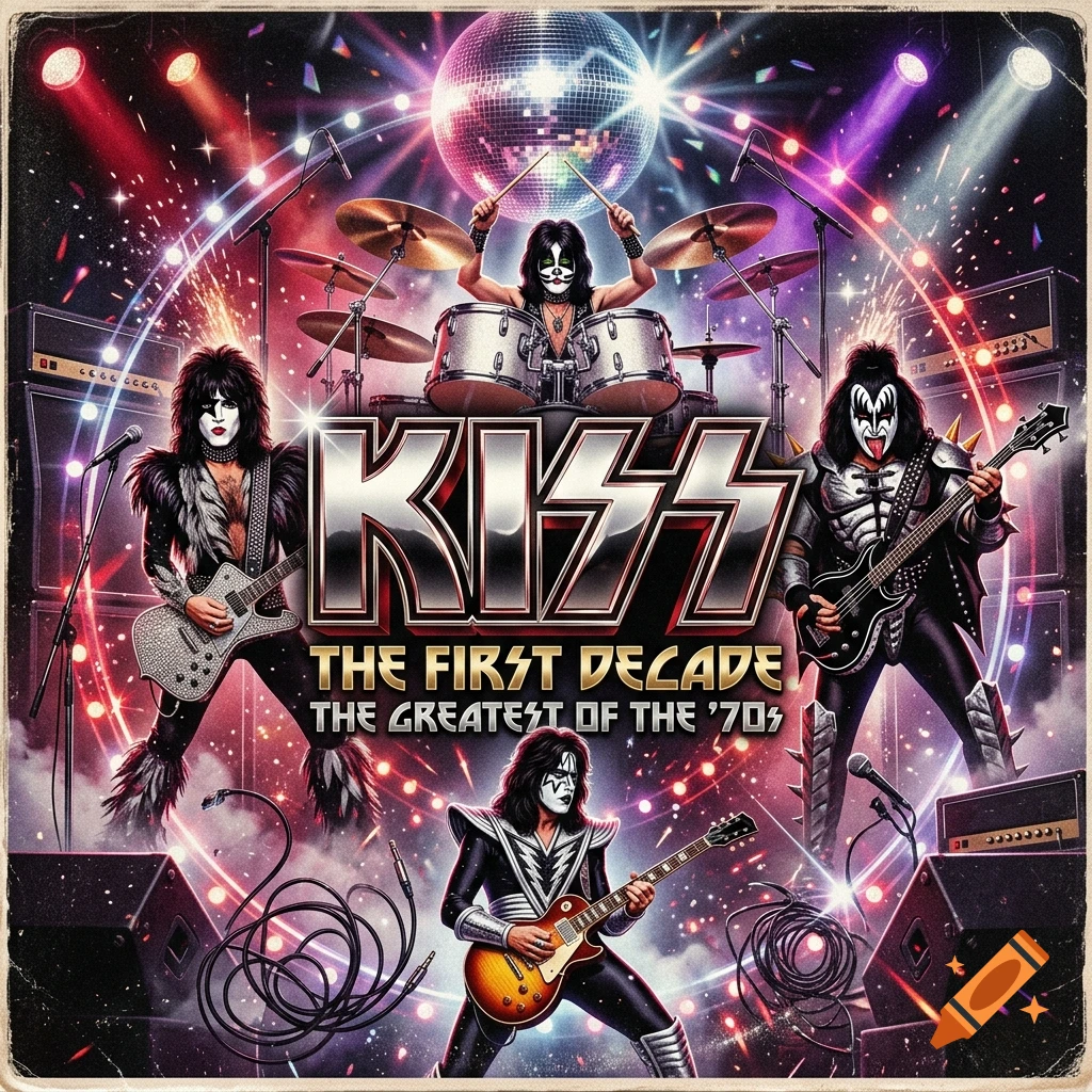 An album cover featuring the rock band Kiss in 1970s disco and rock style, with the band name Kiss and text below it.