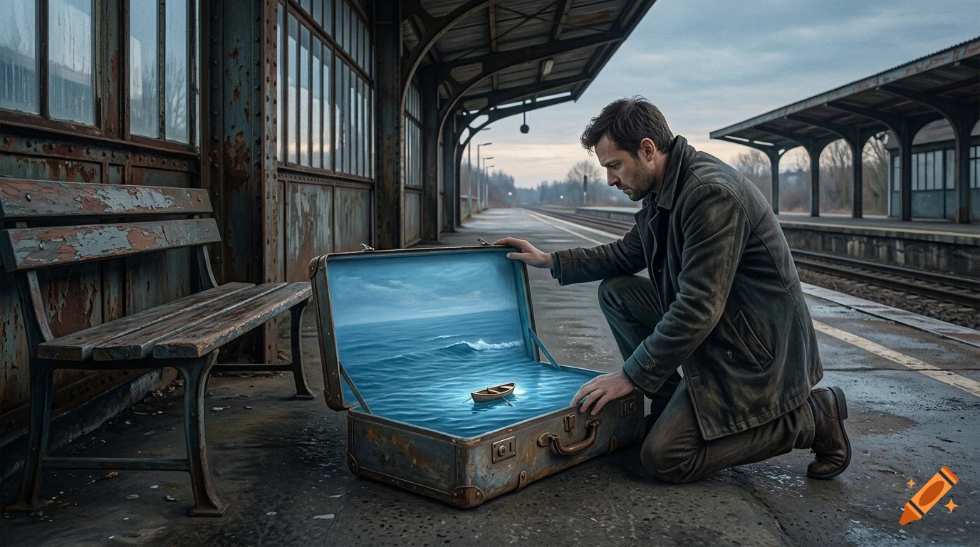 A man kneels on a train platform, opening a vintage suitcase that reveals an ocean with a small boat inside.
