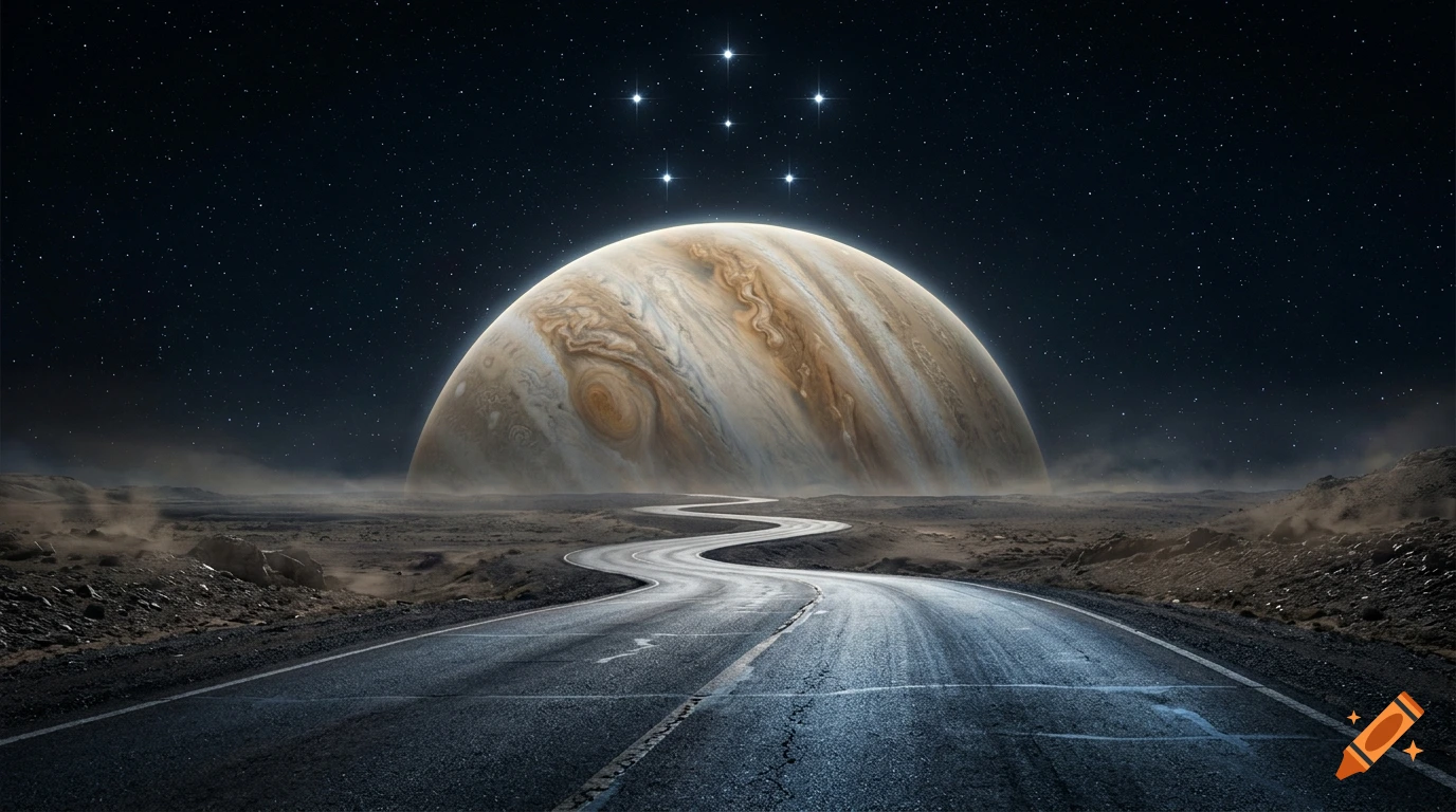 Cinematic photorealistic view of a winding road leading towards the planet Jupiter in a starry night sky.