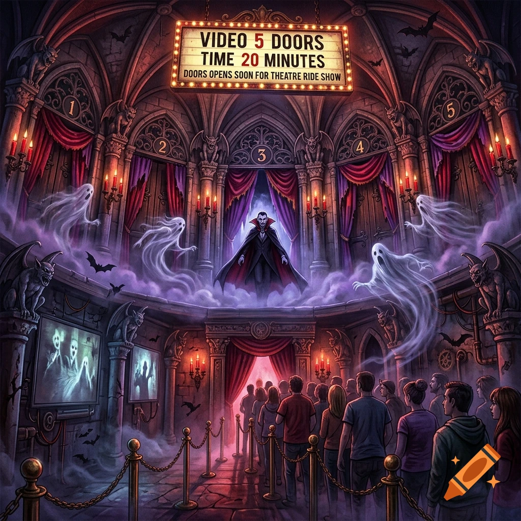 Detailed gothic illustration of a haunted theatre ride queue with a vampire, ghosts, and a lighted sign reading video 5 doors time 20 minutes.