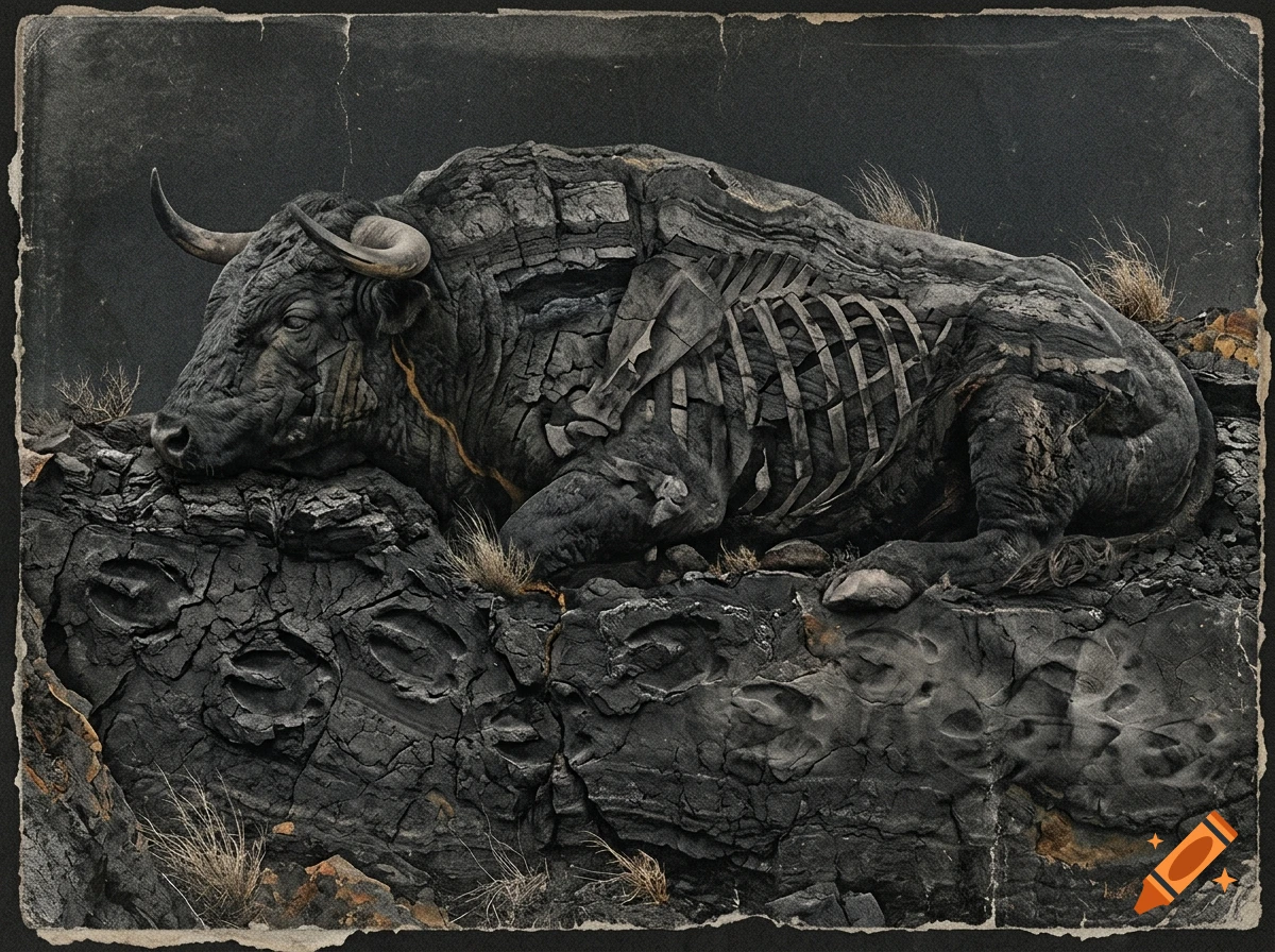 A dark geological cross-section of rock shaped like a sleeping bull with a visible rib cage and horns, styled as vintage analog collage.