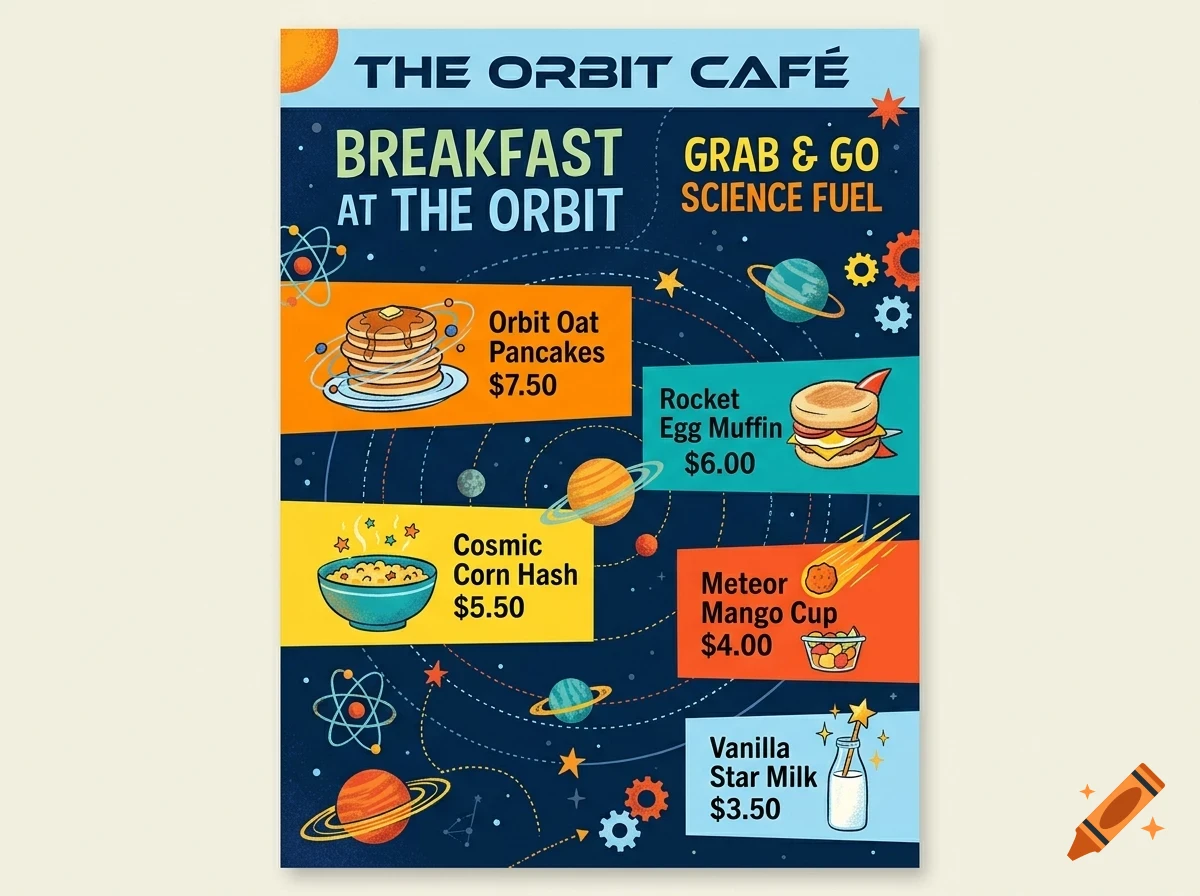 A colorful space-themed cafe menu featuring breakfast items like Orbit Oat Pancakes, Rocket Egg Muffin, and Cosmic Corn Hash against a starry dark blue background.