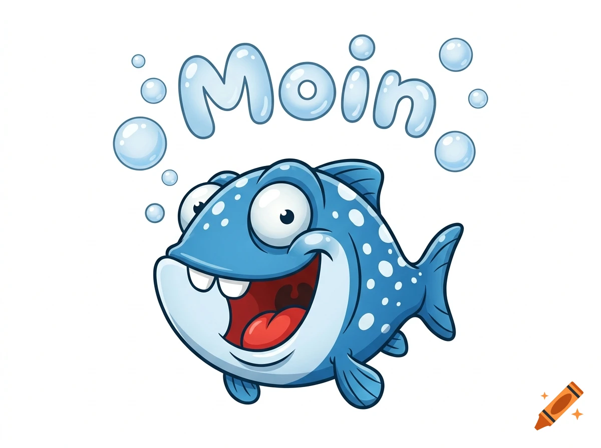 Cartoon illustration of a cheerful blue fish with white spots and bubbles spelling 'Moin' above it on a white background.