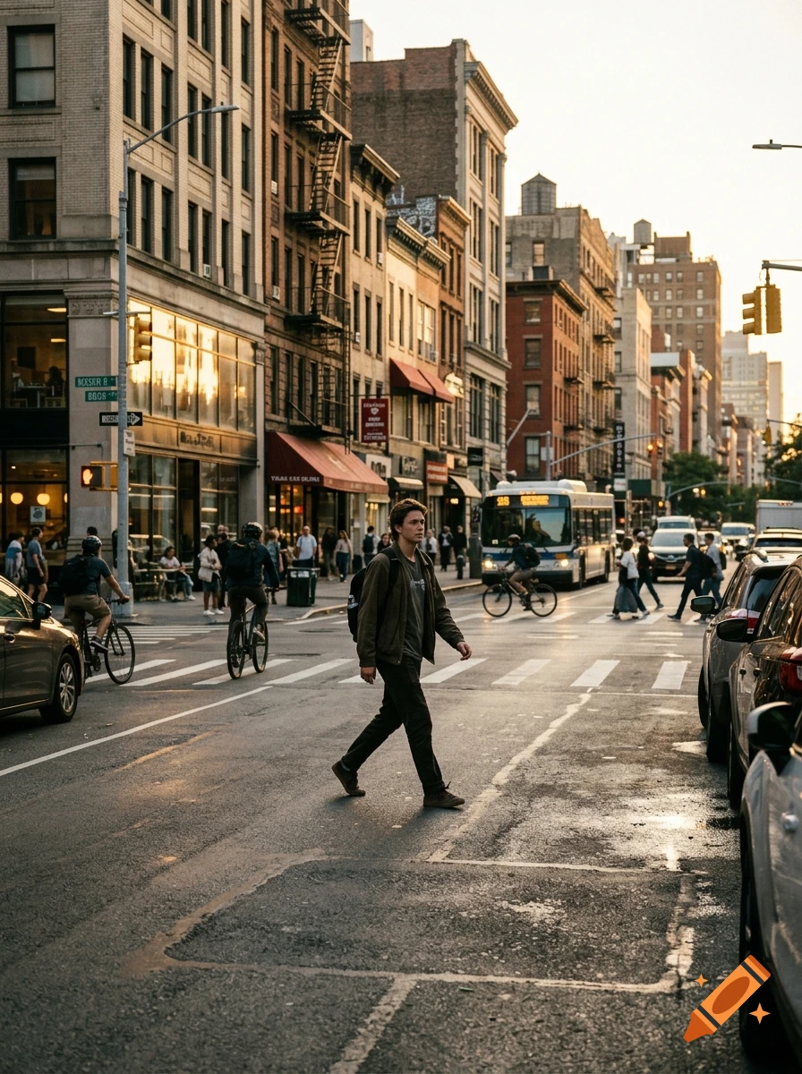 A photorealistic street scene in New York City with pedestrians crossing a wet avenue during sunset.