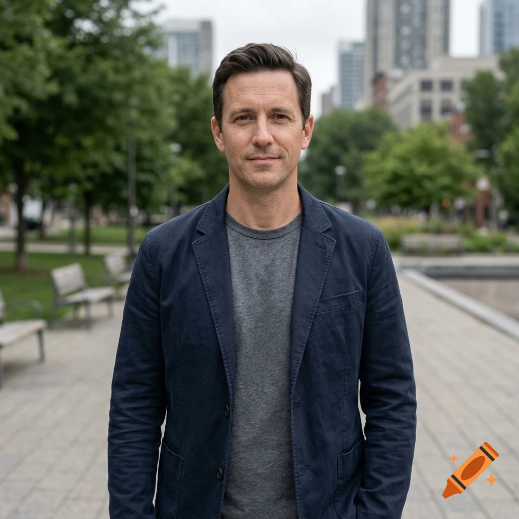 Photorealistic medium shot of a middle-aged man standing in an urban park with a grey t-shirt and navy blazer.