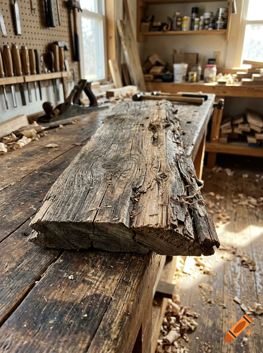 A rustic wooden workbench in a workshop covered in wood shavings and tools, with a raw timber plank as the central focus.