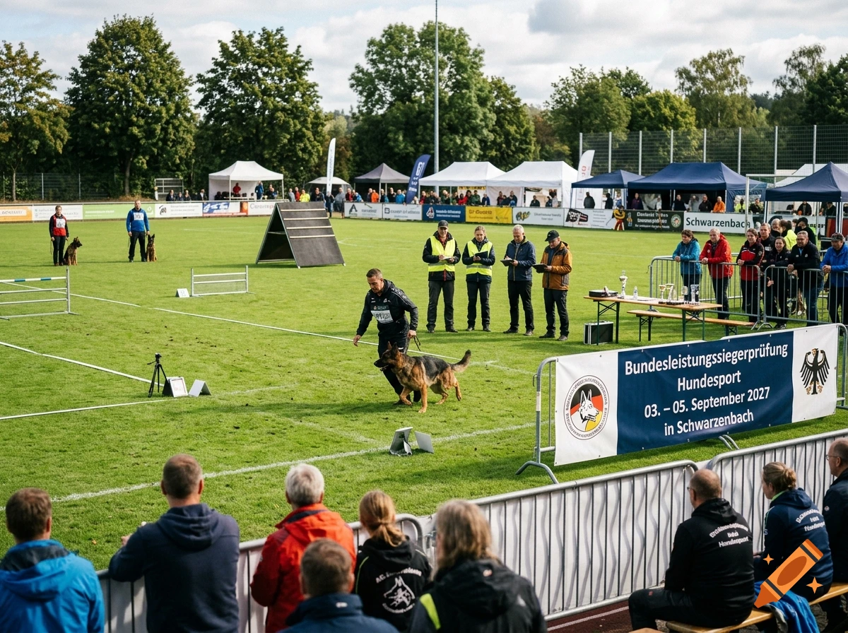 German Shepherd dog performing agility and obedience exercise in a sports field competition with spectators and judges.
