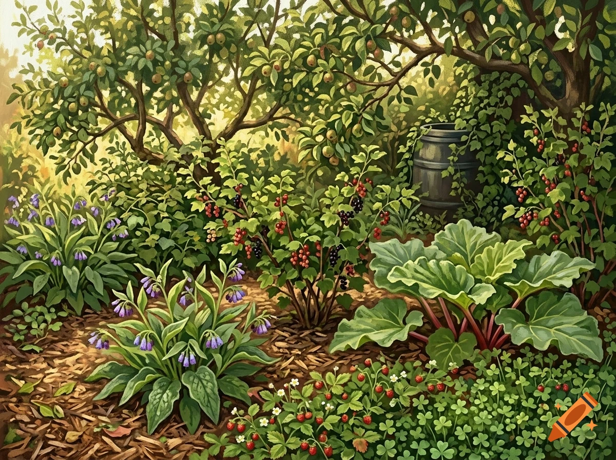 An illustrated garden scene featuring fruit-bearing trees, berry bushes, rhubarb plants, and blooming flowers in a lush setting.
