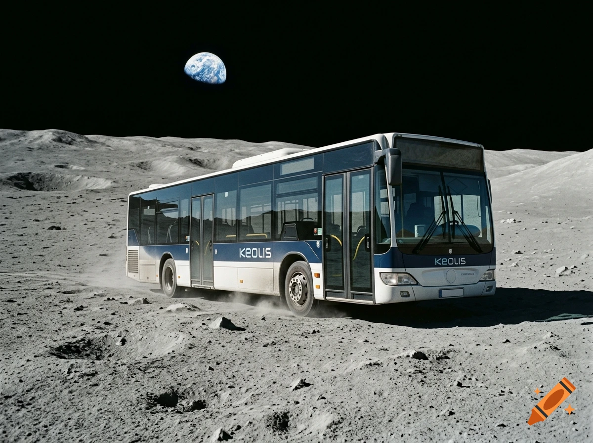 Photorealistic image of a Keolis bus driving on the Moon's surface with Earth visible in the black sky.