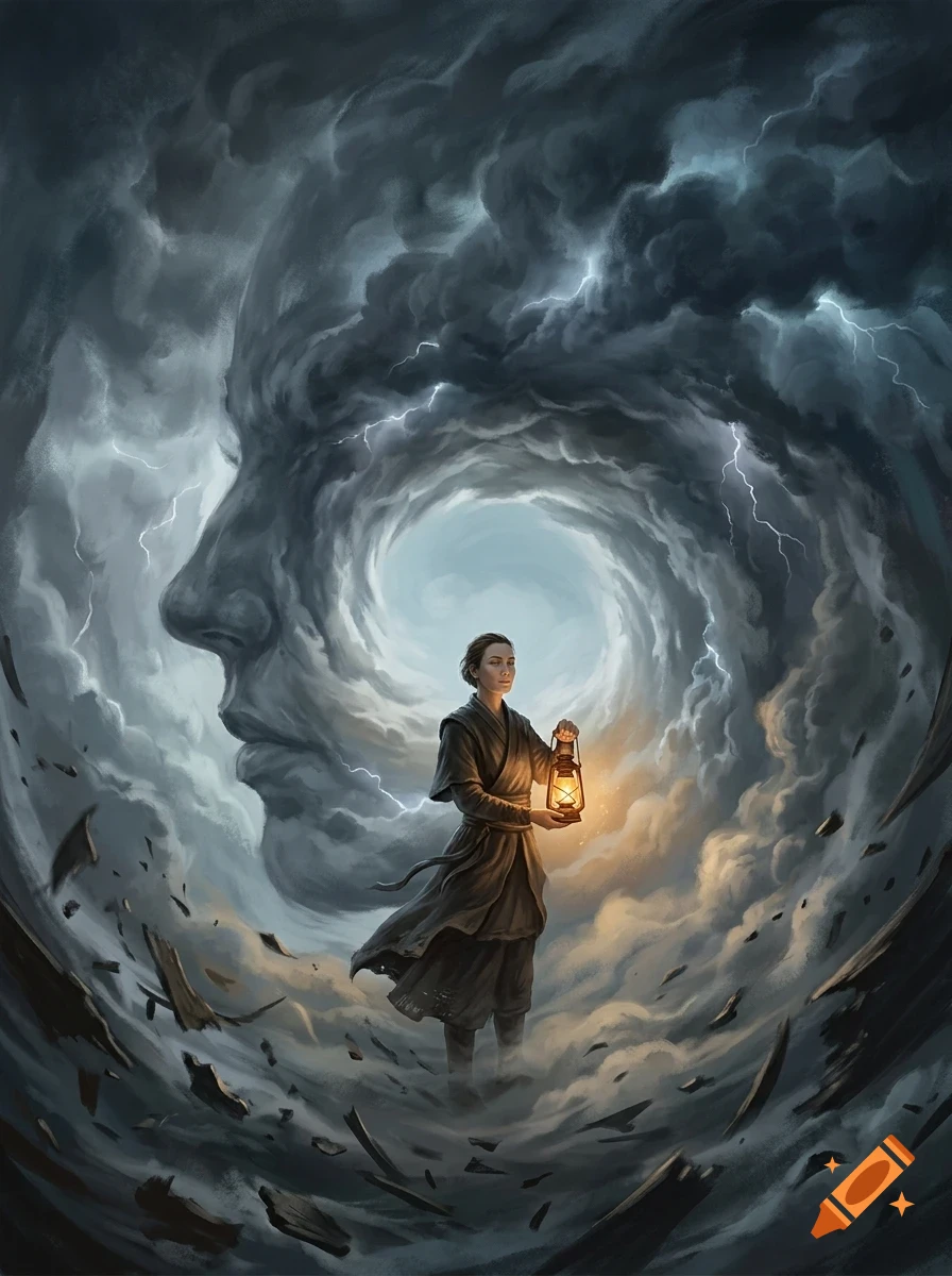 Digital painting of a person holding a lit lantern standing in a stormy landscape with a giant human face formed out of storm clouds.