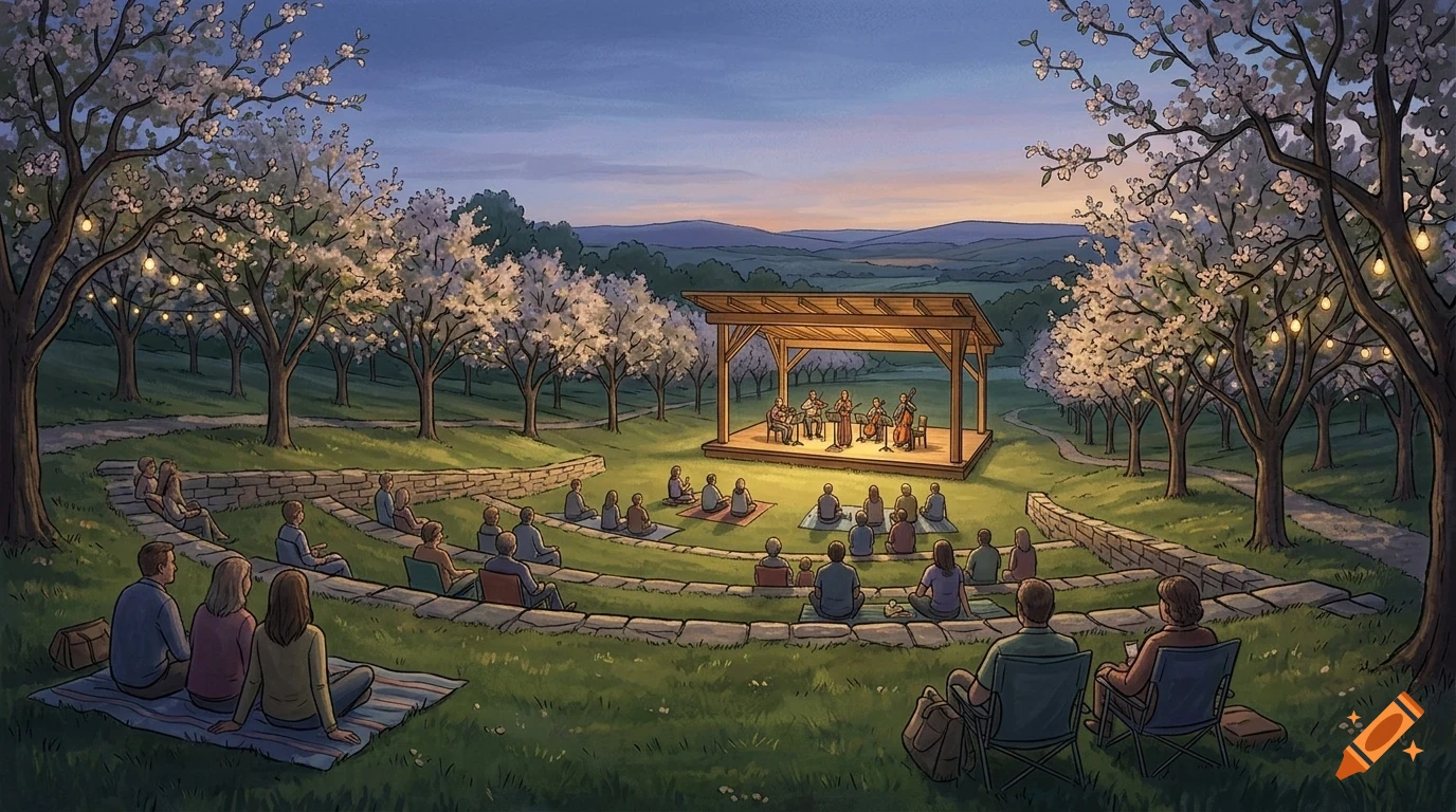 An outdoor orchestra performing on a lit stage in an apple orchard at dusk, with an audience seated on grass terraces.
