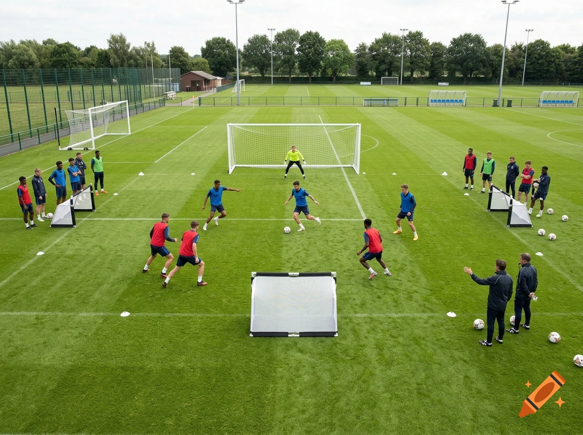 Aerial view of a soccer training session with players practicing drills on a green field.