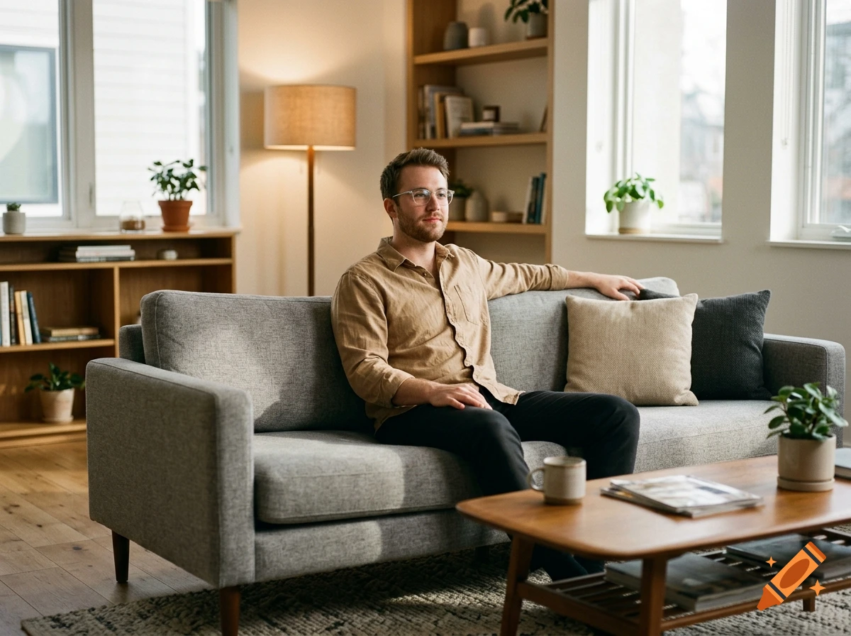 A young man with glasses and a light brown shirt sitting on a grey sofa in a brightly lit modern living room.