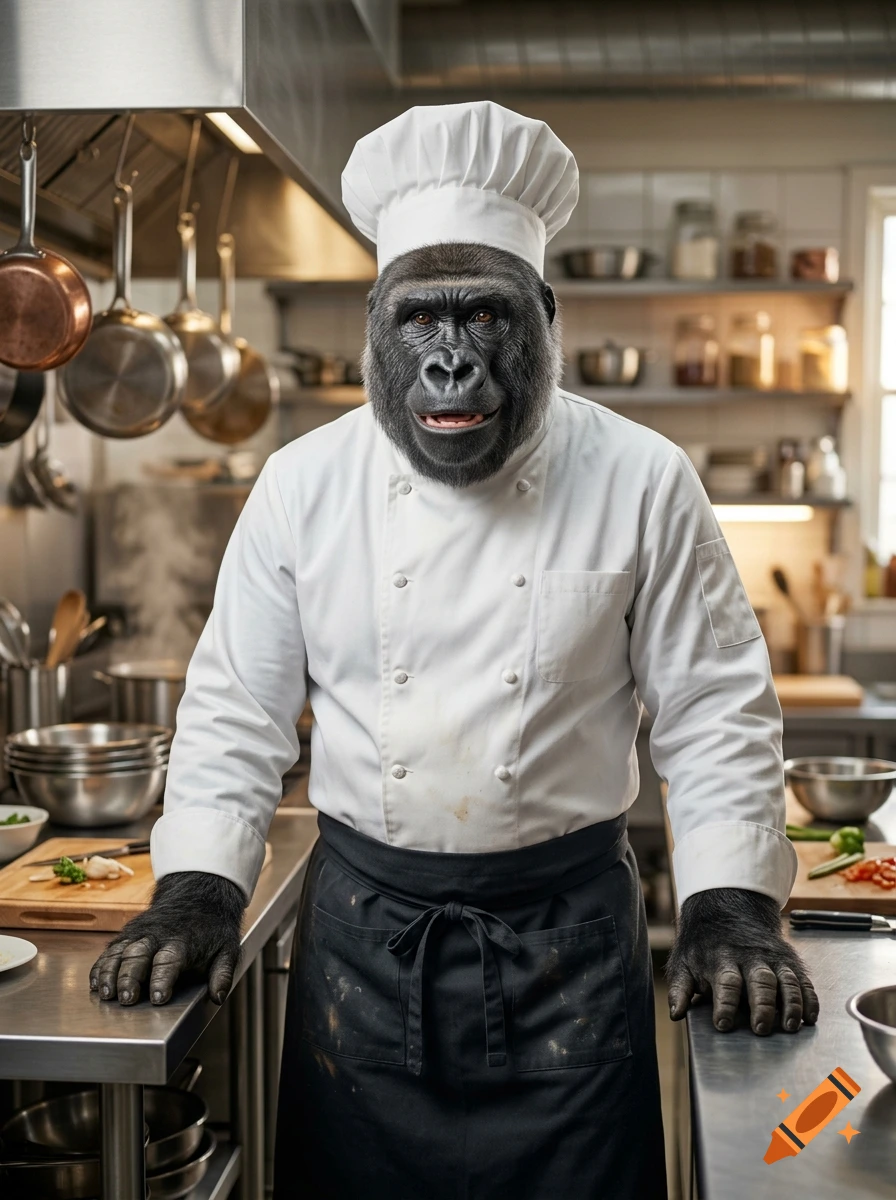 Photorealistic image of a silverback gorilla wearing a chef's hat and white coat, standing in a professional kitchen.