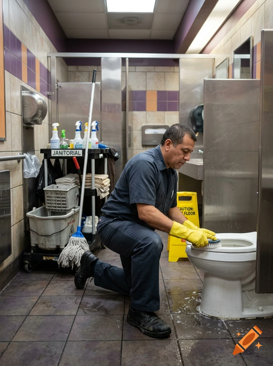 Photorealistic image of a janitor in a blue uniform kneeling on a tiled floor while scrubbing a toilet.