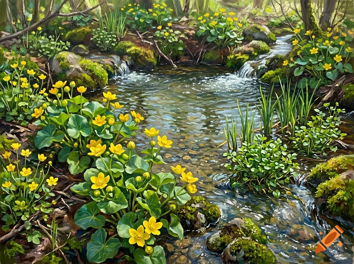An oil painting of a clear forest stream with small waterfalls, surrounded by lush green foliage and bright yellow marsh marigold flowers.