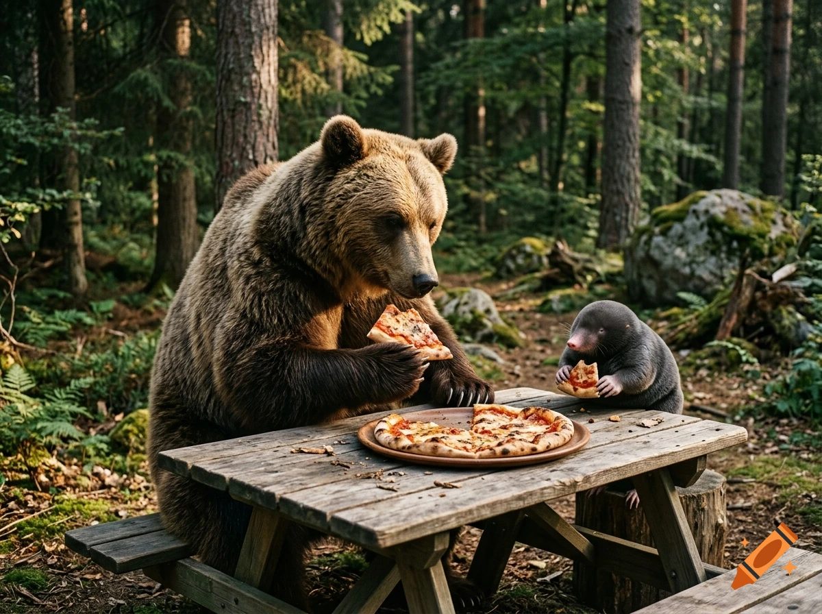 Photorealistic image of a large brown bear and a small mole sitting at a wooden picnic table in a forest, eating pizza.