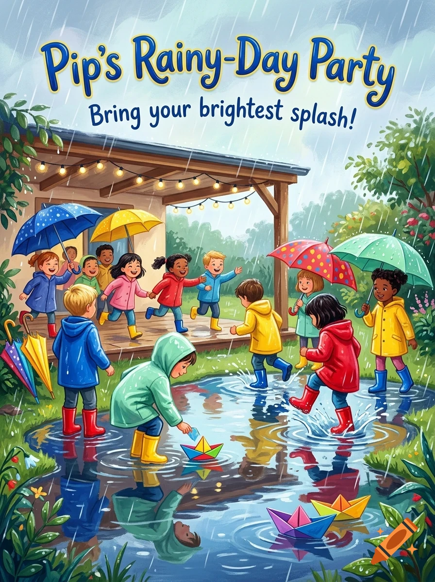 Children in raincoats and boots play in puddles and hold umbrellas outside a house during a rainy day, with text reading Pip's Rainy-Day Party at the top.