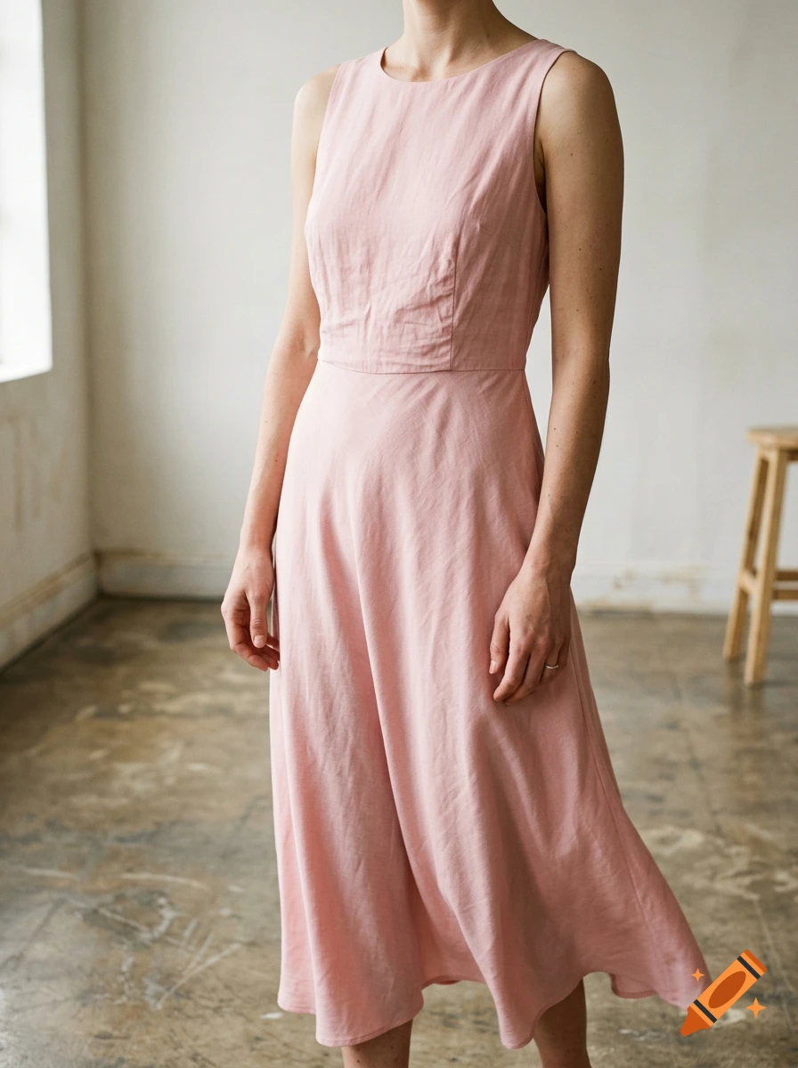 Headless woman wearing a pink sleeveless midi dress in a minimalist room with a wooden stool.