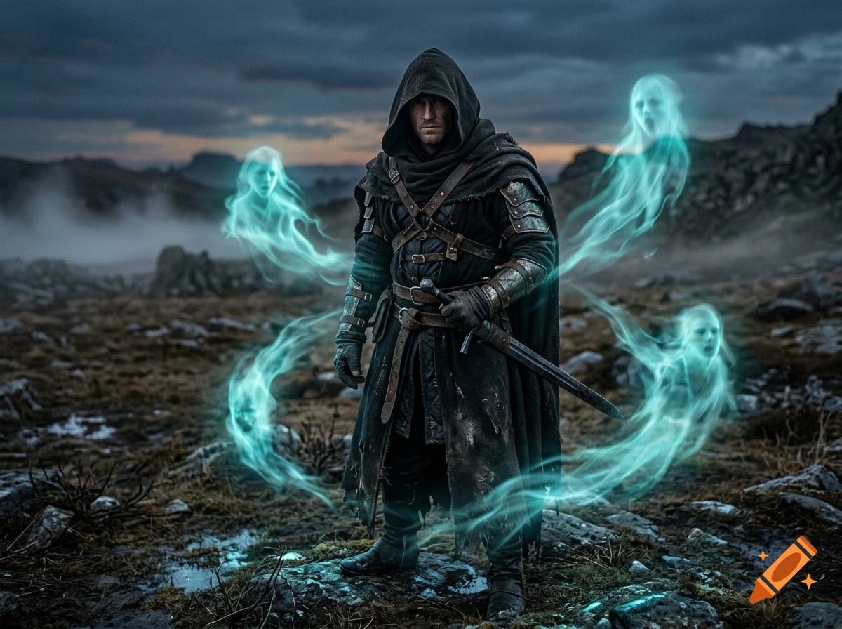Photorealistic dark cloaked warrior holding a sword outdoors, surrounded by swirling turquoise ghosts.