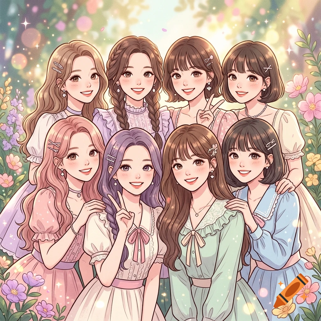 Anime style illustration of eight smiling young women with colorful hair and pastel dresses posing together outdoors among flowers.