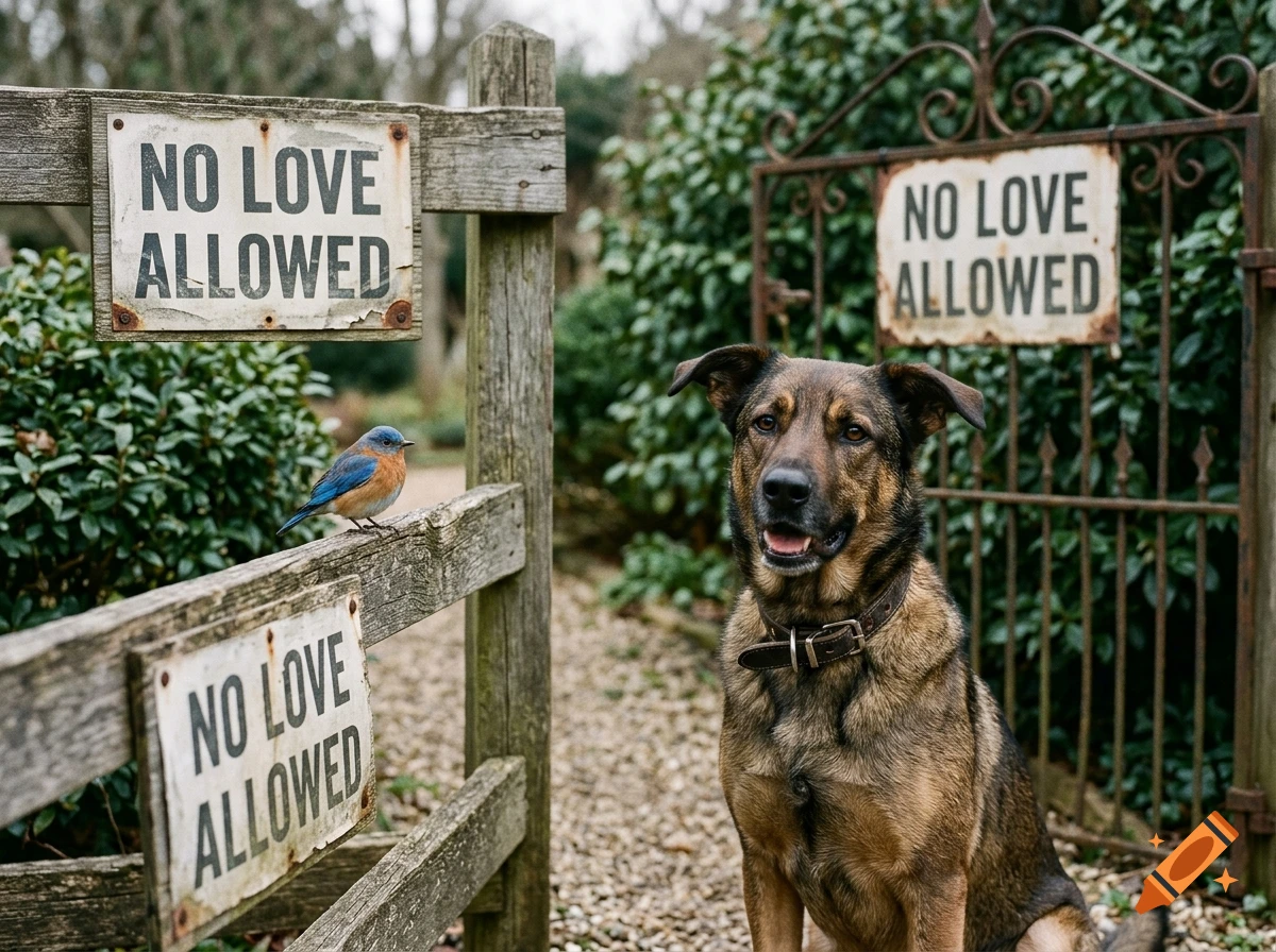 Photorealistic image of a brown guard dog and a small bluebird sitting near a wooden gate with signs reading NO LOVE ALLOWED.