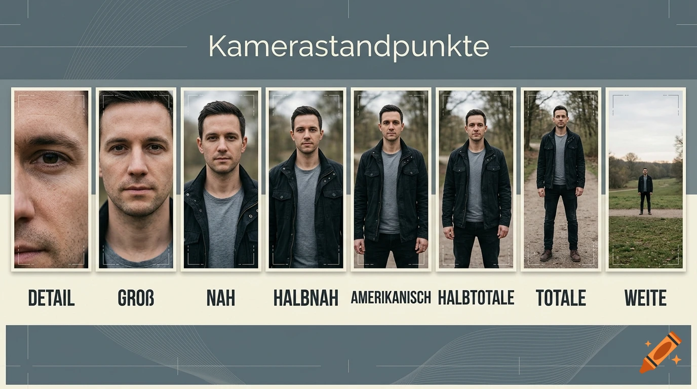An educational infographic displaying camera shot sizes in photography with German labels from detail to wide shot.