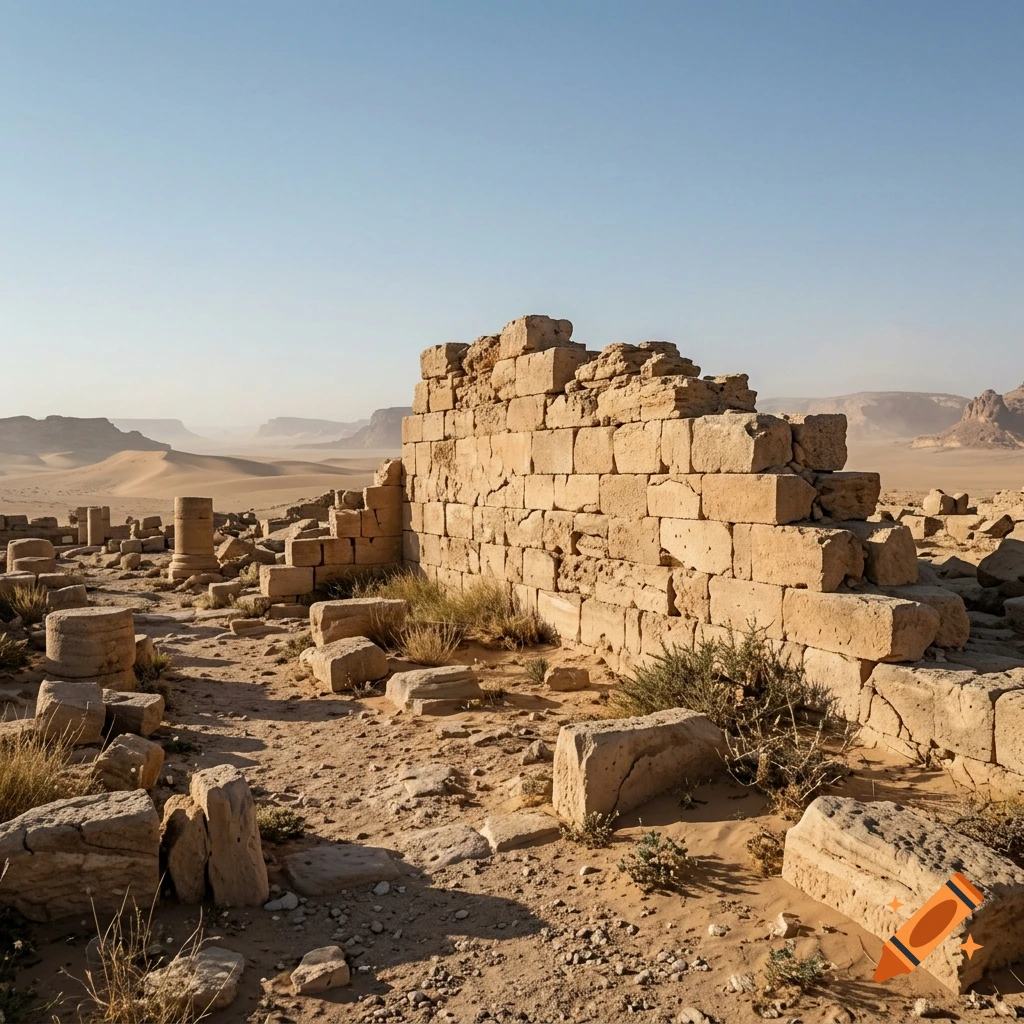 Photorealistic image of crumbling stone ruins in a vast desert landscape under a clear blue sky.