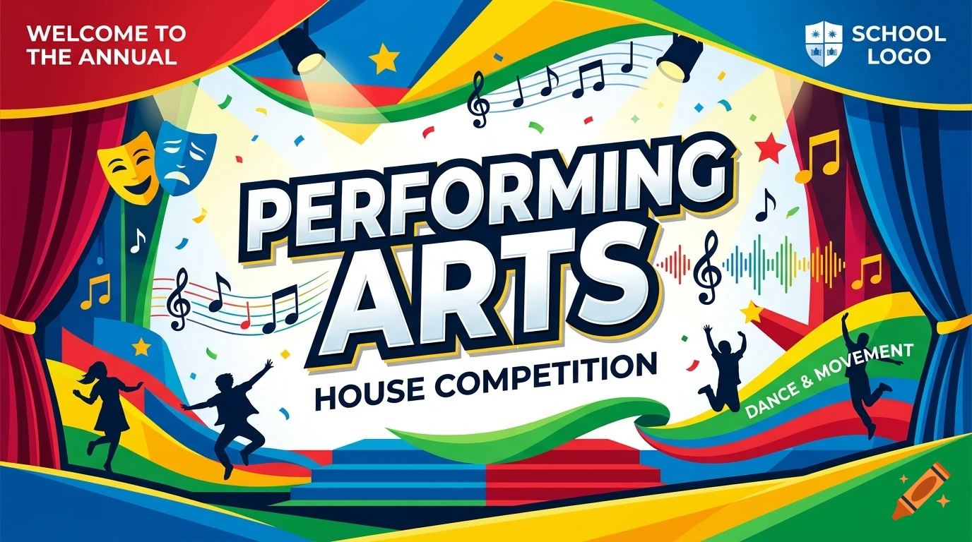 Colorful performing arts house competition poster illustration with red, blue, yellow, and green elements and silhouettes of students dancing.