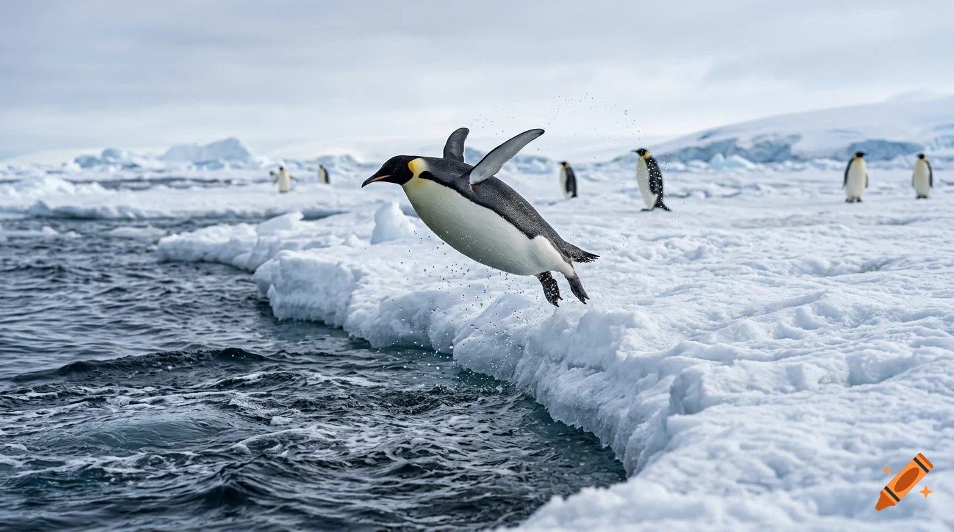 An emperor penguin leaps out of the icy water onto an ice shelf in Antarctica.